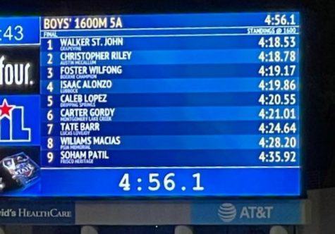 The scoreboard at Mike Myers Stadium reveals that McCallums Chris Riley finished second in the state, a mere quarter of a second behind Grapevines Walker St. John in the 1600 meters at the 5A UIL State Championship Track and Field Meet.