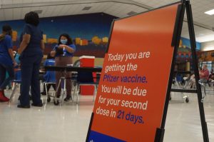 From 3:30 until 8 p.m., today, the McCallum cafeteria was the site of a vaccine clinic for anyone 12 years or older. The clinic was sponsored by the Austin Latino Coalition and the U.S. Hispanic Contractors Association. The clinic delivered first-dose Pfizer vaccine shots to 383 arms.  