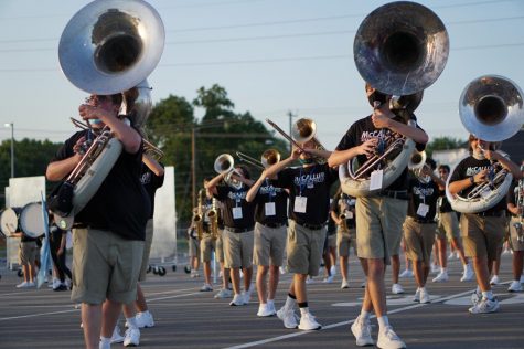 SENIOR SALUTE: In the marching band’s first performance back from a virtual year, senior Kaden Davis leads a diagonal line in one of the marching band’s sets. The change from online to in-person was real for Davis, as he describes his emotions leading up to the show: “My nerves definitely kicked in at first,” he said. “But once I got to my set position and the show began, my confidence went through the roof and I felt so proud.” Despite it being different from previous year’s Bandapaloozas, Davis felt it was a great way to start the season. He shares, “Not having a marching season last year really took a toll on all of us, especially the class of ‘21. So I know that all the class of ‘22 seniors are extremely grateful to even have a show this year.” Reporting by Lydia Reedy.