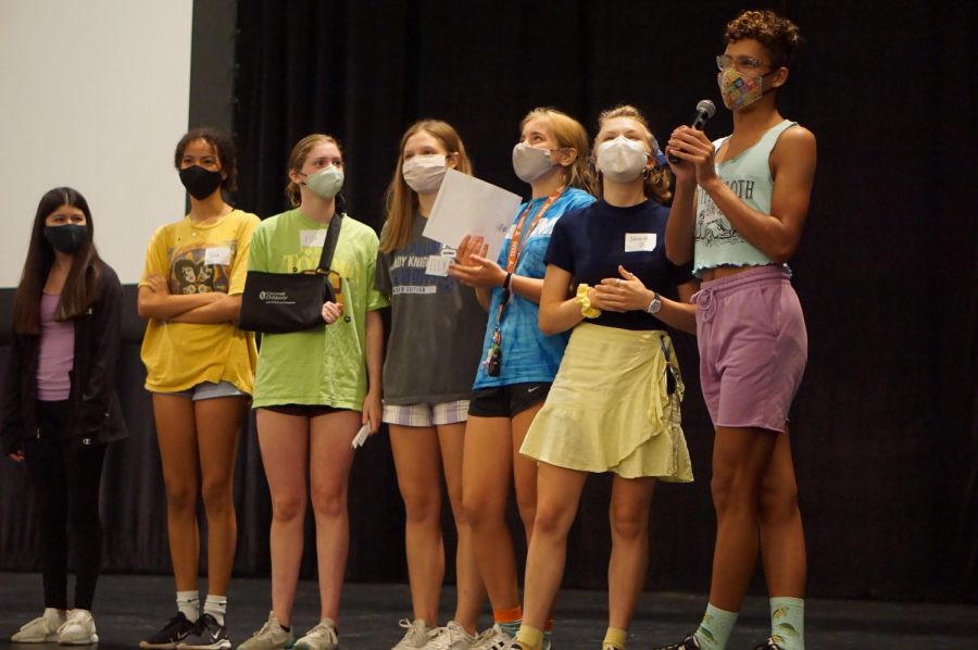 Senior Bobbie Currie and his PALS peers were masked up in the MAC as they spoke to sophomores and new juniors and seniors at the afternoon orientation session on Wednesday, August 4.
