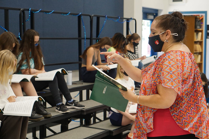 Ms. Rodriguez conducts her first-period choir class on Aug. 23. A 30-year veteran who has taught in Corpus Christi, Bastrop, Pflugerville and most recently at Akins High School, Rodriguez says she was drawn to the Fine Arts Academy because of the caliber of students it attracts.