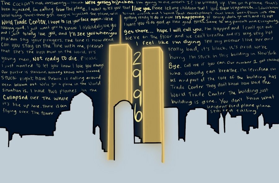 The text in this illustration are snippets from calls made by victims and first responders on Sept. 11, 2001. The number 2,996 represents the total number of fatalities caused by the attacks. 