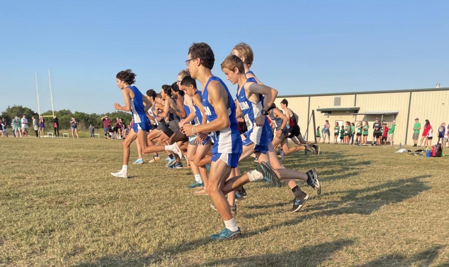 Senior Thomas Melina Raab separates from the field at the start of the Liberty Hill HS Cross Country Meet Saturday morning at Liberty Junior High School. Melina Raab ran in the lead pack throughout the race but made his big move late, advancing from about 20th all the way to second place.