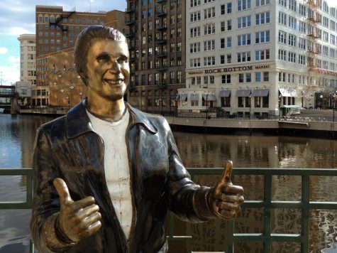 A commemorative statue of Happy Days central character Arthur Fonzarelli can be found in downtown Milwaukee Image from March 2016 accessed on the Flickr account of photographer John W. Iwanski. Reposted here with permission under a creative commons license.