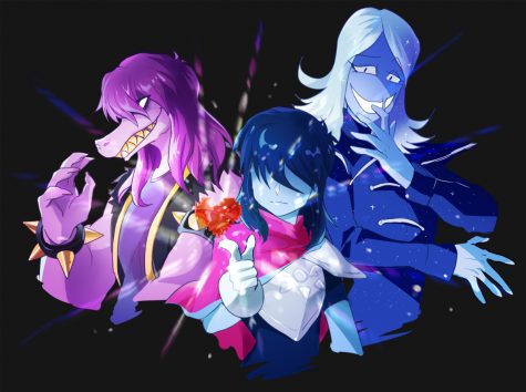 Susie, Kris and Rouxls Kaard are central characters in the Deltarune series by Toby Fox.  Illustration accessed on the Gump_hong Flick account. Reposted here under a creative commons license.