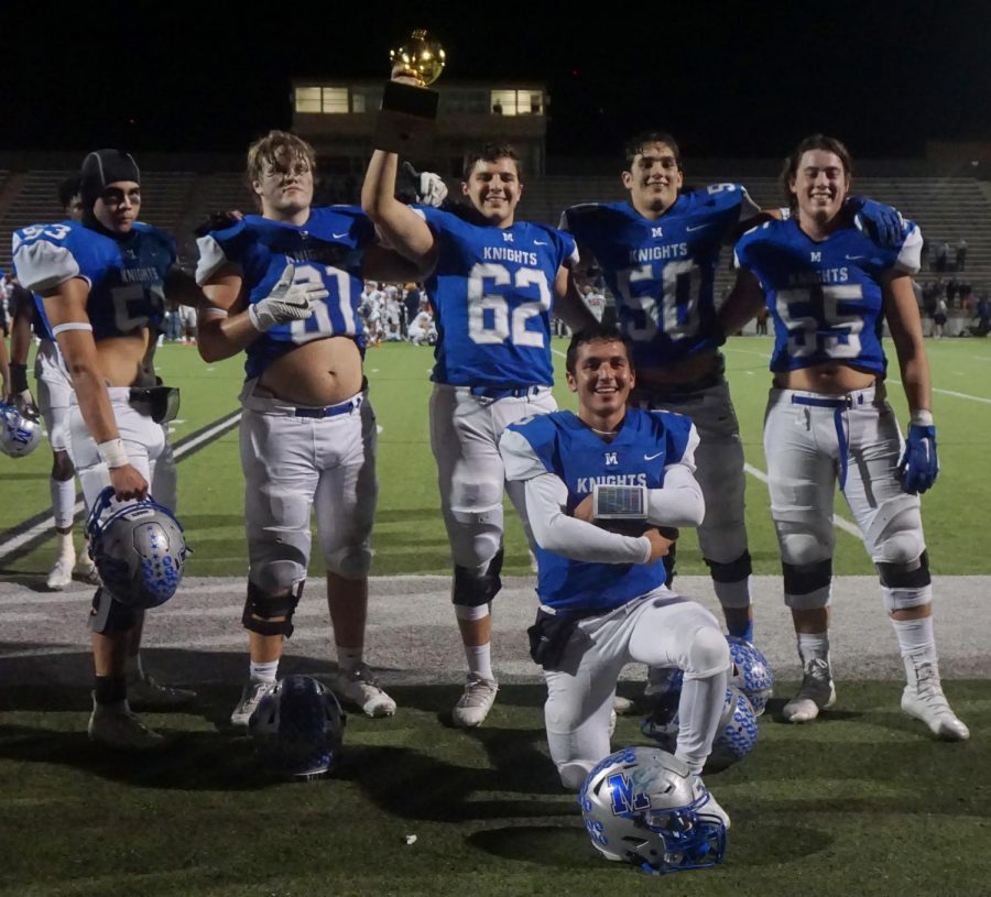 The veteran offensive line is one of the key reasons that quarterback Jaxon Rosales and the Knight running backs had a field day in winning the Knights bi-district playoff game against Leander Glenn at House Park. When you win a bi-district trophy, you trust the center to hold it in group photos.