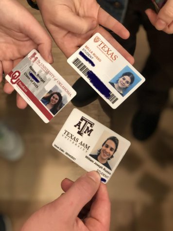 The triplets show off their contrasting college student IDs during Thanksgiving break.