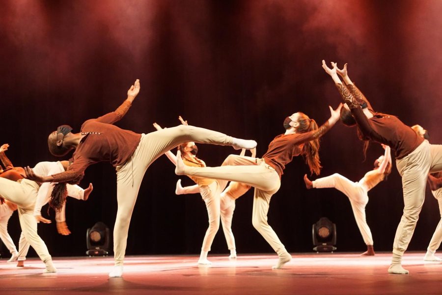 Dancers in the Pre-Professional dance class perform the piece "SHEEN," choreographed by Mac and Texas Christian University dance alumnus Terrance L. Carson, Jr., during the winter dance concert on Friday at the AISD Performing Arts Center. The McCallum dance  directors brought in professional dancers to teach the choreography to the majors and the result was a beautifully crafted performance. “The show went amazingly well, especially because of the challenges of the current COVID situation,” said McCallum’s dance director Natalie Uehara. “The dancers overcame many obstacles and together with the technical staff of the AISD PAC, put on a beautiful performance.” Caption by Grace Vitale. 