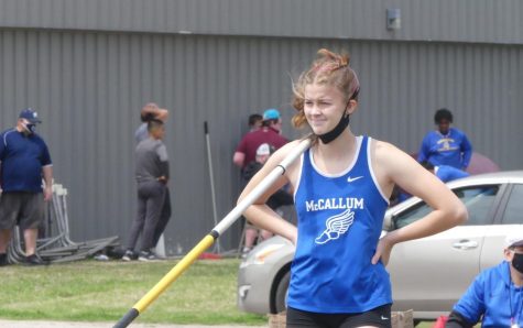 Charlotte Stevens gets ready for her turn in the pole vault last year at the district meet in Lockhart.
Stevens won the event comfortably with a mark of 10 feet.