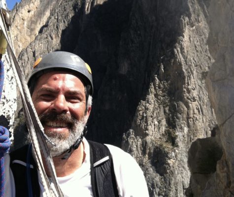 Equipped with his backpack and helmet, Eric Wydeven enjoys a climbing trip in Mexico. 
