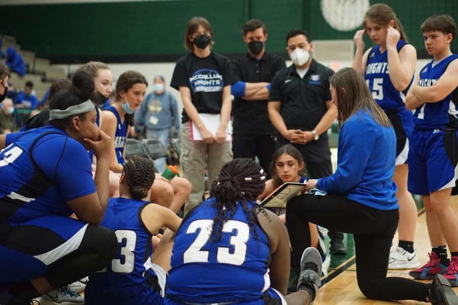 Coach Kehn instructs the girls basketball players from the sidelines at the teams playoff game against the Pflugerville Panthers. The Knights closed the season with their first 5A state playoff appearance since 2014. In fifth place with a week remaining in the regular season, the Knights beat the two teams ahead of them in the standings to finish third and make the playoffs.