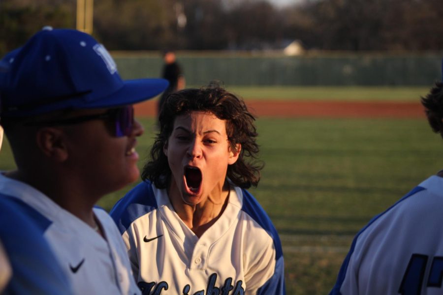 Senior team captain Wyatt Cunningham yells after scoring during the Knights six-run second inning that gave them the upper hand against the Lake Travis Cavs. 