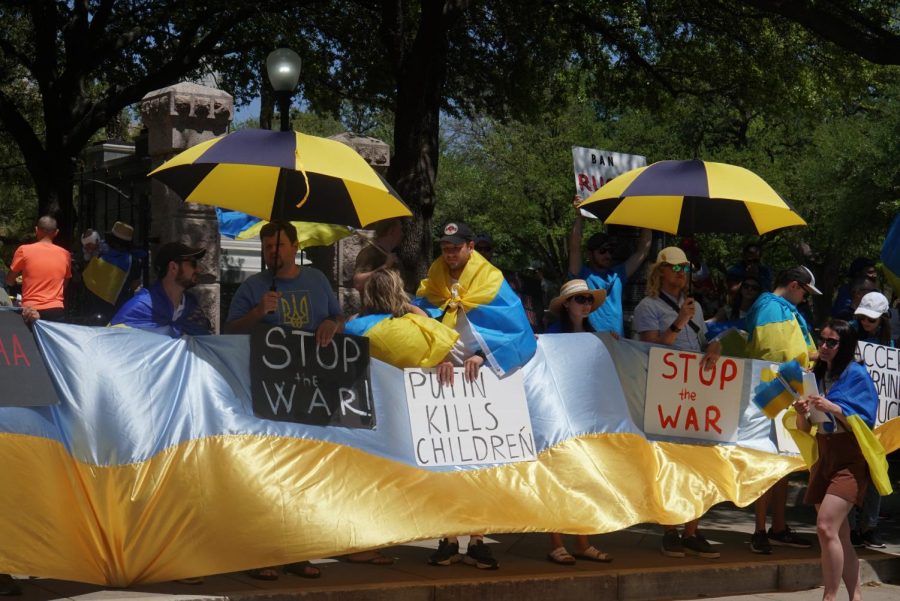 Protestors gather at the Texas state Capitol to show their support for Ukraine in its war against Russia. The Austin Ukrainian community has been organizing rallies every day since the war's start on Feb. 24. "We will not stop the fight until Ukraine wins,” Darya Ledesma, a member of the Austin Ukrainian community, said. “We are fighting for existence and we’re fighting for the future.”