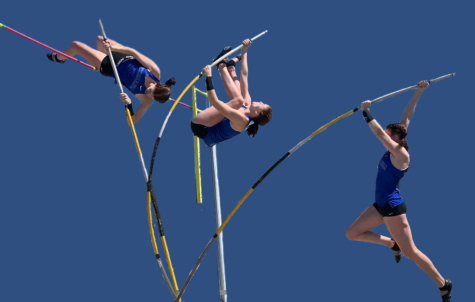 Charlotte Stevens pole vaults at a meet on April 13. Photos courtesy of Stevens. Illustration by Lucy Marco.