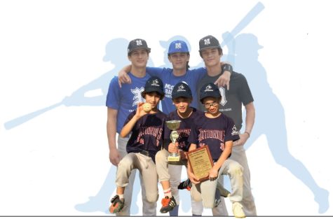 ABOVE: The Friesem brothers Theo (15), Kai (18) and Lyrr (15) pose after a morning Mac baseball practice. 
Photo by Grace Nugent.  BELOW: The Frisesem brothers Theo (age 9), Kai (age 11), and Lyrr (age 9) pose with the Sharon Region Juvenile division trophy after a summer baseball league game in Tel Aviv. Photo courtesy of Kai Friesem. 