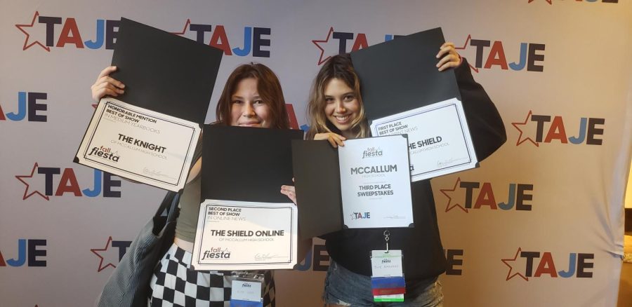 Moments after the Fall Fiesta awards ceremony concluded, Shield co-editors in chief Alice Scott and Evie Barnard proudly display MacJs three Best of Show awards and its third place overall sweepstakes award.