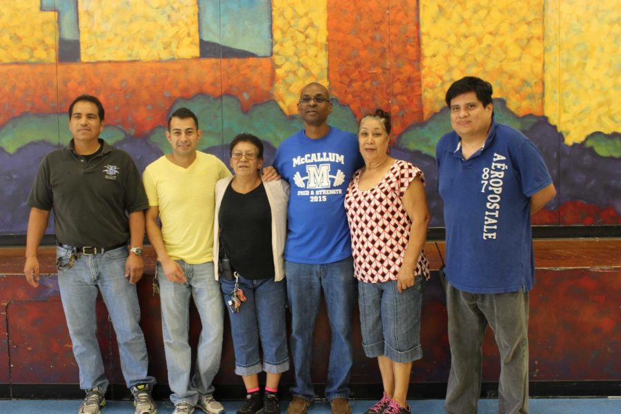 Yolanda Zertuche, third from left, and her colleagues on the custodial staff before her retirement. 
