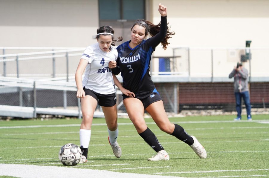 Senior co-captain Sydney Suarez-Wallace battles a LASA opponent for possession during the second half of the Raptors 1-0 win over McCallum in District 24-5A play Saturday morning at House Park. After enjoying a hat trick the Saturday before against LBJ, Suarez-Wallace—like her Knight teammates—were unable to find the net against the Raptors despite creating numerous scoring opportunities in the game.