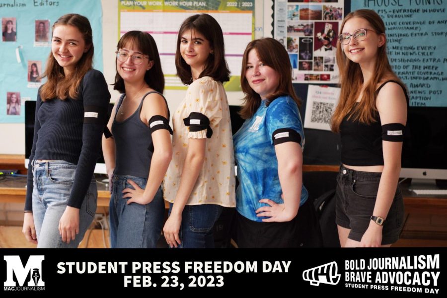 MacJournalism celebrated the Student Press Law Center’s fifth annual Student Press Freedom Day on Thursday. To show their support for students right to freedom of the press, they wore black armbands and provided them for any students, teachers or administrators who  wanted to join them by picking up an armband in the newspaper classroom, room 134. Pictured in the photo: junior Shield staffers Naomi Di-Capua, Francie Wilhelm, Lanie Sepehri, Alice Scott and Ingrid Smith sporting their Student Press Freedom Day armbands.