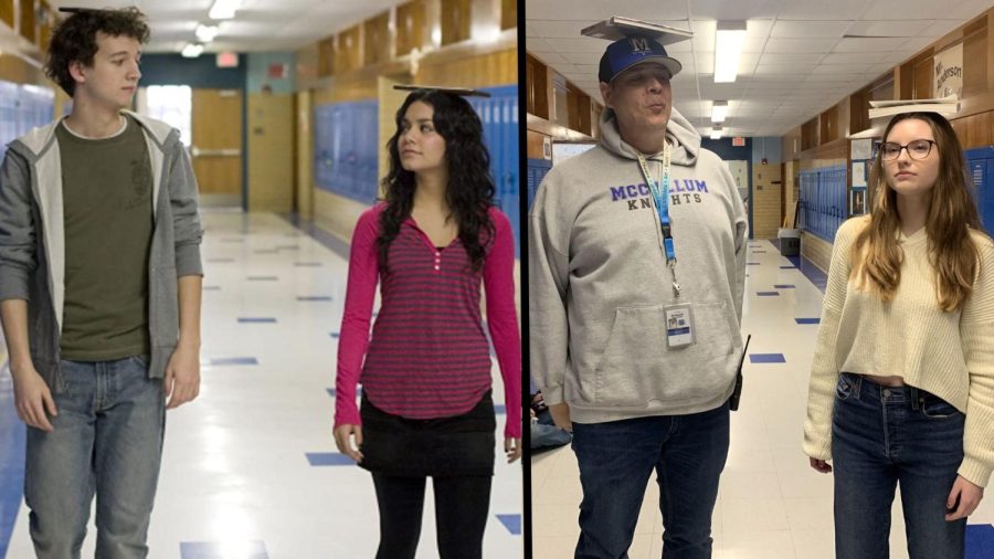 Junior Ingrid Smith and assistant principal Andy Baxa recreate a photo of Will (Gaelan Connell) and Sa5m (Vanessa Hudgens) from a "Bandslam" scene shot at McCallum. Left photo accessed on IMDb. Reposted here under the doctrine of fair use.