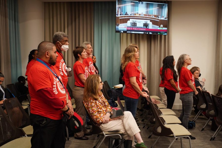 A group of educators and supporters from Education Austin showed opposition to TEA’s conservatorship plan by appearing at Mondays board meeting and populating the event’s comments with talking points shared by the organization.