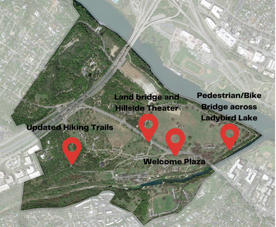 An aerial map of Zilker Park with pins marking sites of major renovation proposed in the Zilker Park Vision Plan. For a more in-depth look at the Vision Plan overlayed on the park, visit https://www.designworkshop.com/zilker-park/. 
