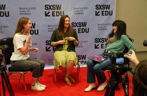 Shield co-news editor and co-online managing editor Ingrid Smith shares a light moment with illustrator Michaela Goade and U.S. Poet Laureate Joy Harjo moments after Smith interviewed them both about their new childrens literature book, Remember, at SXSW EDU in downtown Austin last March. Smith conducted the interview thanks to MacJournalisms partnership with PBS NewsHour Student Reporting Labs.