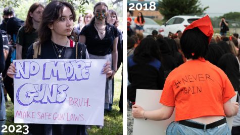 LEFT: Sophomore Scarlet Logue holds a sign reading “No More Guns.” while listening to a speaker during the May 11 walkout during sixth period. Photo by Gergő Major.
RIGHT: Students listen as class of 2018 senior Isabel Lerman reads a list of student demands to make schools safer. Photo by Ian Clennan.