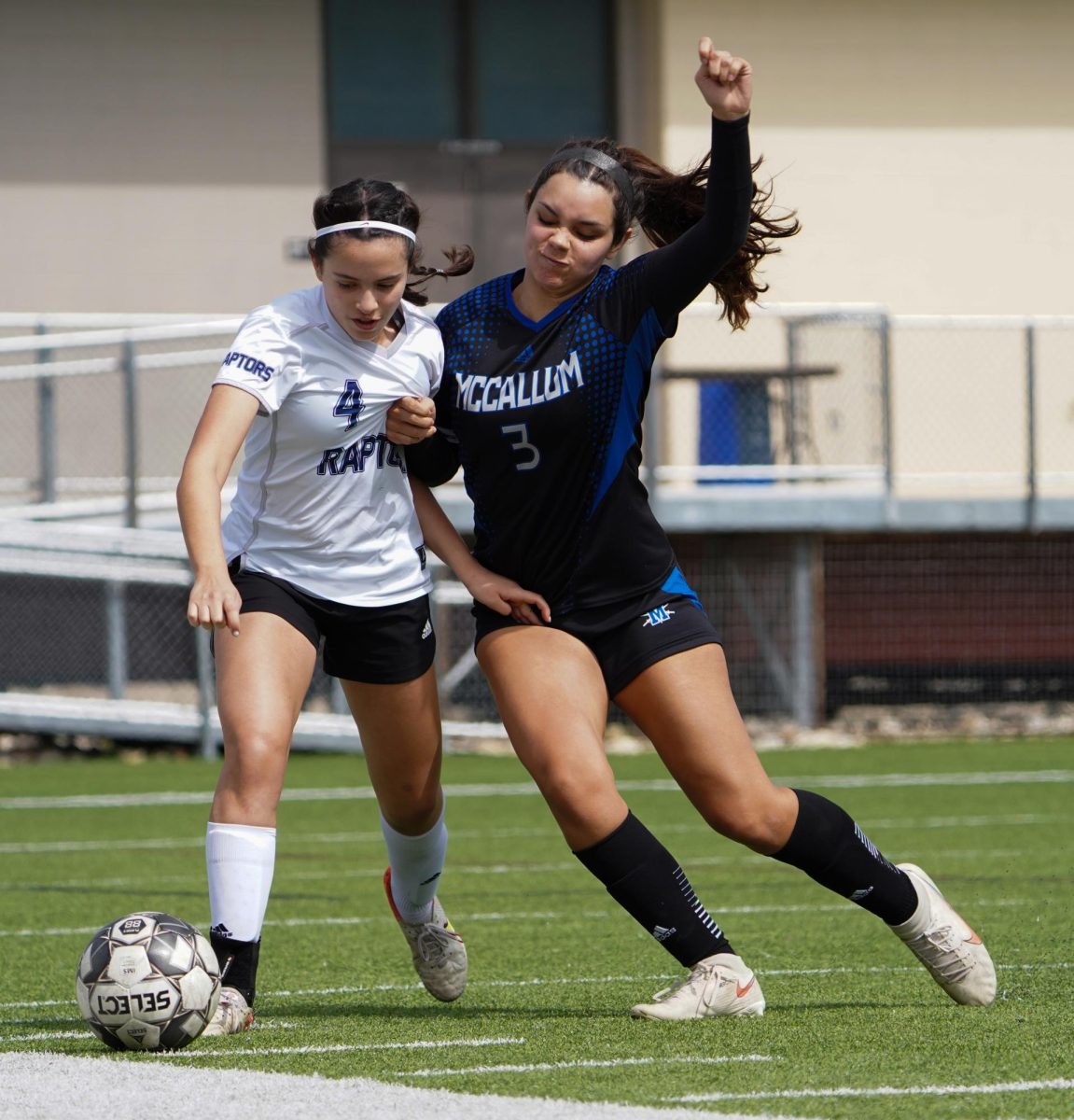 Senior co-captain Sydney Suarez-Wallace battles a LASA opponent for possession during the second half of the Raptors 1-0 win over McCallum in District 24-5A play Saturday morning at House Park. After enjoying a hat trick the Saturday before against LBJ, Suarez-Wallace—like her Knight teammates—were unable to find the net against the Raptors despite creating numerous scoring opportunities in the game.
