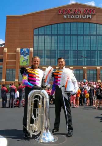 Hans Kloppert (left) and Alex Mutz (right) pose together at Lucas Oil Stadium in Indianapolis during the preliminary rounds of the drum corps international championships in 2018. It was the third year that Mutz, a Texan, would compete internationally with Klopperts European drum corps. He also competed with them in 2011 and again in 2015. In 2011, Jubal would go on to place highest out of all of the European drum corps in the competition.

