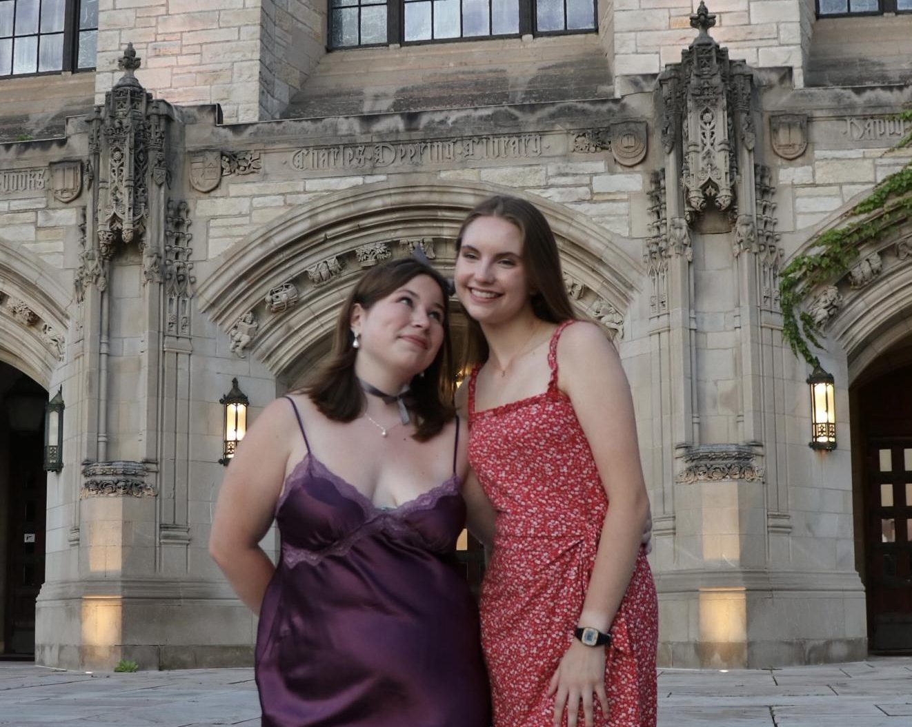 Dressed for Cherub Prom on July 20, Scott and Smith pose in front of the Charles Deering Library at Northwestern. Photo courtesy of Scott.