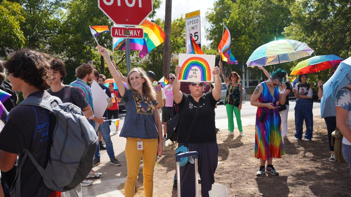 On+August+23%2C+in+response+to+the+hate+speech%2C+Mac+parents+gathered+on+the+corners+of+Sunshine+and+Houston+during+fourth+period.+The+group+showed+their+supports+for+the+LGBTQ%2B+and+trans+communities+by+waving+pride+flags%2C+holding+up+signs+referencing+inclusivity%2C+and+wearing+bright+colors.