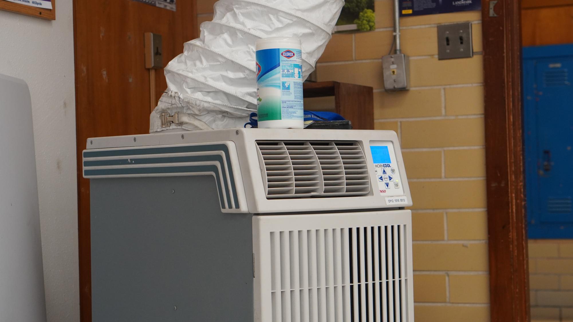 The portable air conditioning unit in Room 130, college and career counselor Camille Nixs classroom. Nixs room first experienced an outage over the summer when she reported back to work. 