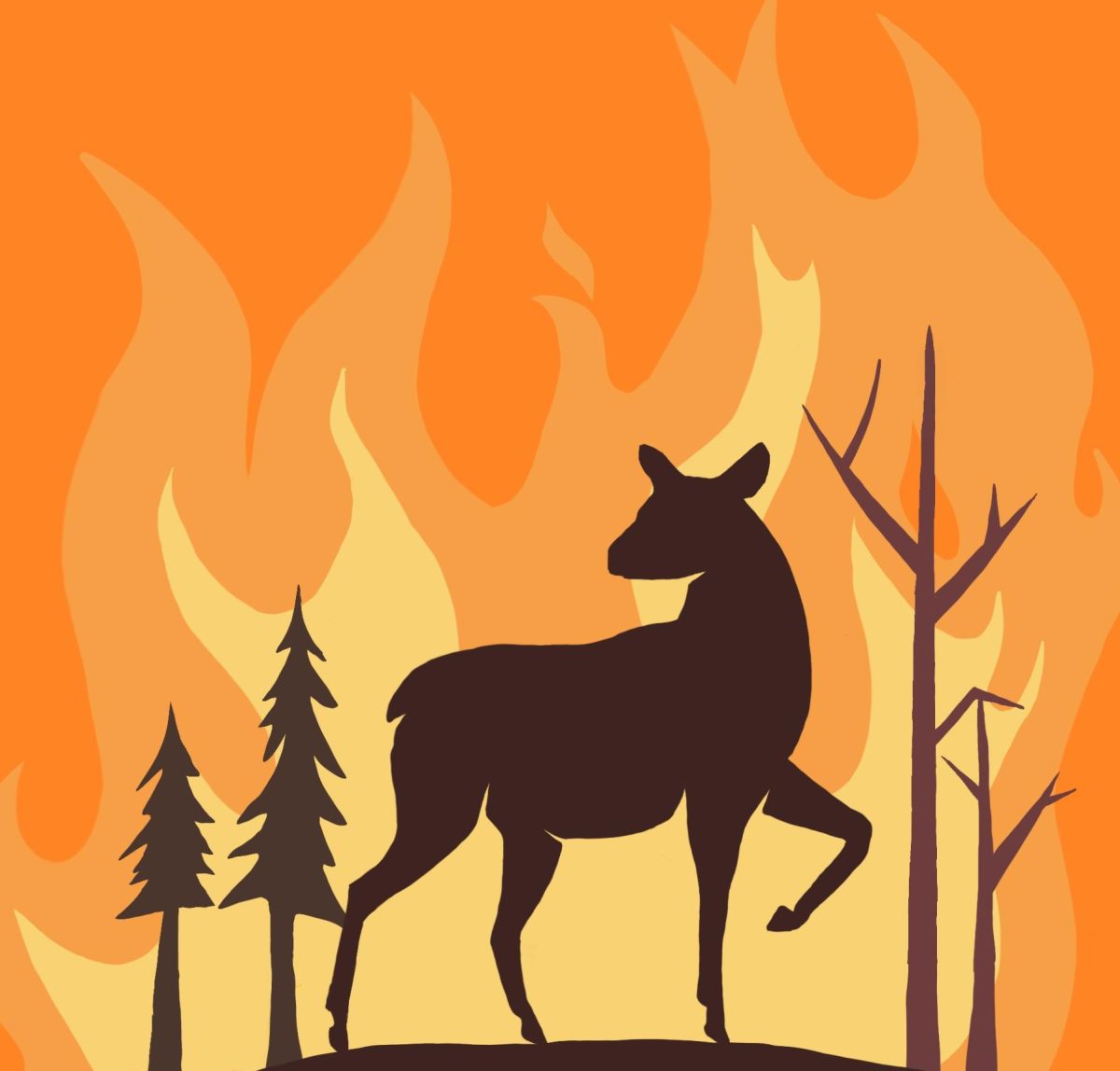Digital art of a deer in the foreground of a wildfire. 