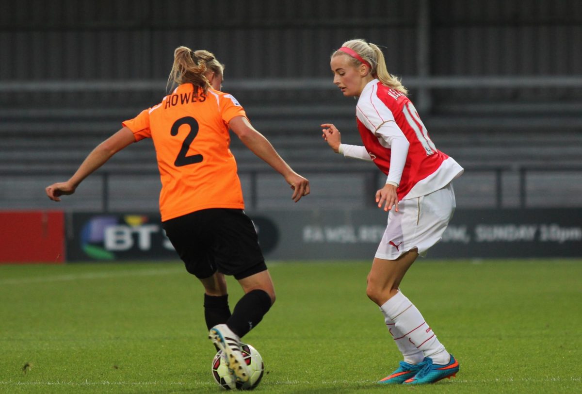 Playing for for Arsenal Ladies of the Womens Super League in 2015, Chloe Kelly defends against Kara-May Howes of London Bees. At the Womens World Cup, Kelly gained notoriety for striking a penalty kick so hard, that the shot speed exceed any goal speed in the mens English Premiere League the previous season. Photo accessed on the joshjdss Flickr account. Reposted here with permission under a creative commons license. 