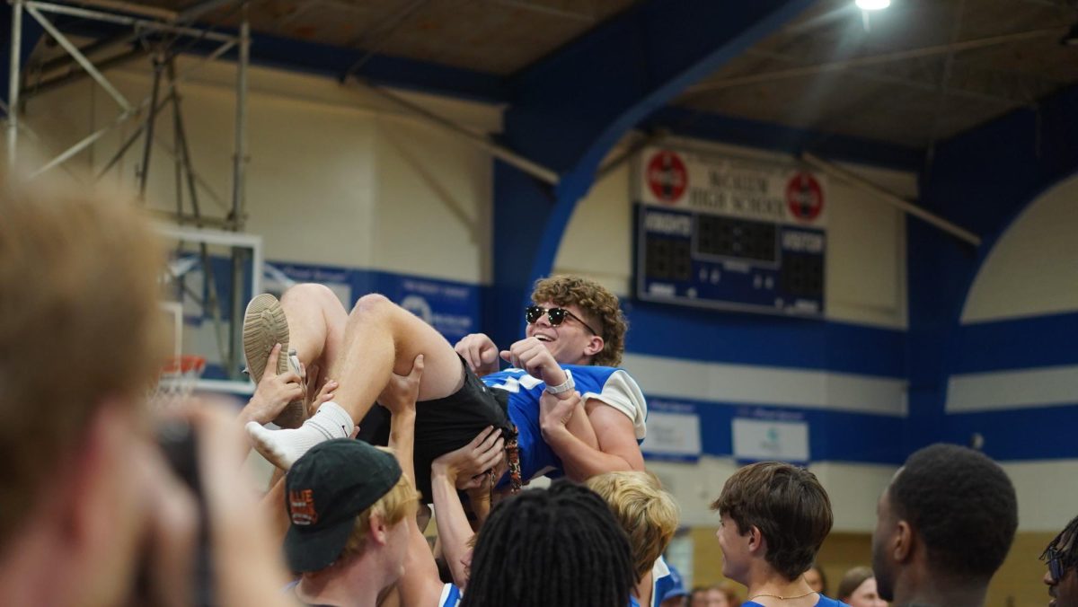 Senior Luca Leone crowd surfs at Thursdays pep rally before the homecoming game.