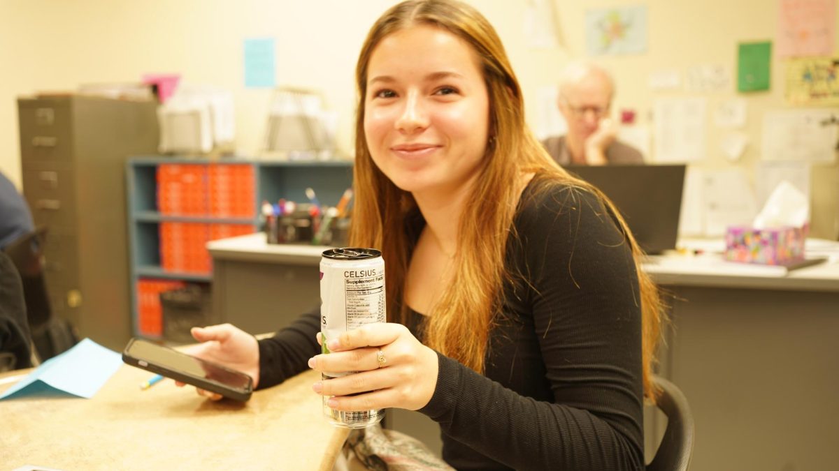 Sophmore Julia Ross enjoys her Celcius during math class, a drink she enjoys that keeps her energy up throughout the school day. 