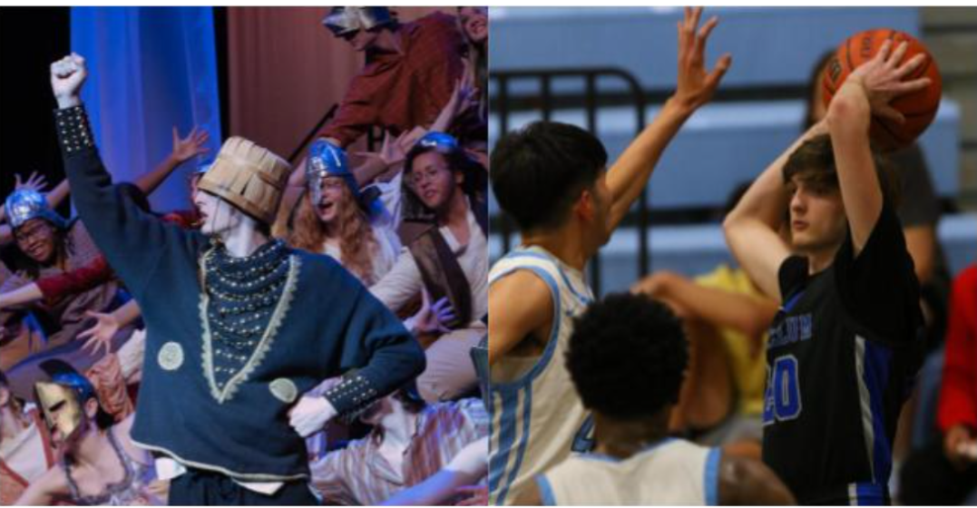Left: Performance Theatre major, Henry Mayes, performs as Pippin in the musical Pippin Right: Henry Mayes plays varsity basketball against Northeast 
