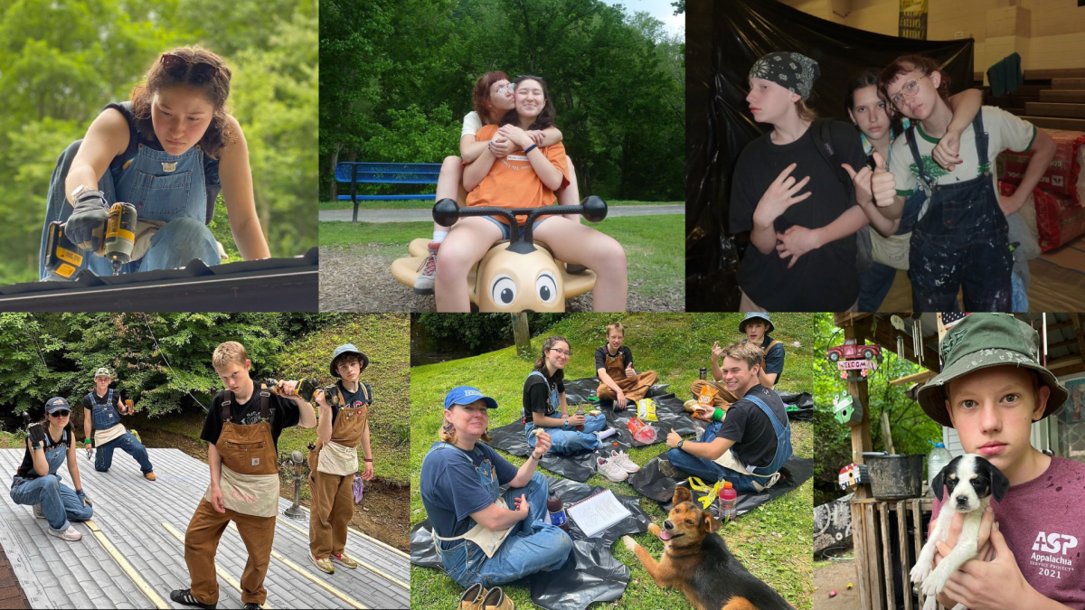 Seniors Adele Boerner and Olive Greene, junior Townes Hamre and sophomores Owen Tachovsky and Rocket Hoff repair houses and hang out away from technology while volunteering with ASP.