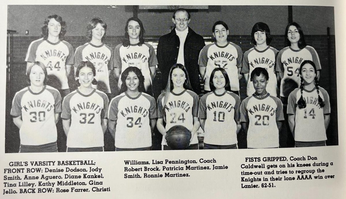 The 1976-1977 Knights featured a phenom freshman named Jamie Smith. "Jamie was as mature as her senior counterparts on the court," said head coach Robert "Doc" Brock, former north Austin all-sports trainer. "She was just what we needed after losing Tina Powers to graduation." Smith led the Knight offense by averaging 25 points per game in her freshman season. 