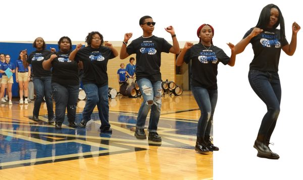 Knight Steppers (right to left)
Kyranise Hose, Paityn Jones, AJ
Brown, Brooklin Fisher, Bailee Fisher and Jendayi Innocent, at the Steppers’ debut performance at the Nov. 3 pep
rally