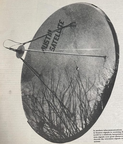 In modern telecommunications, the use of satellites to bounce signals to receiving dishes all over the world is an inexpensive way to send sion signals over a great distance.