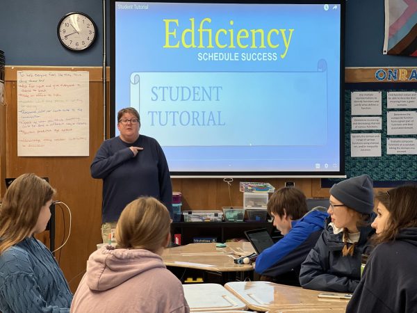 Math teacher Kelly Wroblewski demonstrates how to use the new EdFiciency FIT program during advisory Monday. 