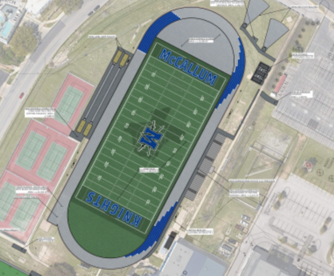 The rough design of the new fields, including many new facilities such as new sidewalks, concessions, shot put and lights. 