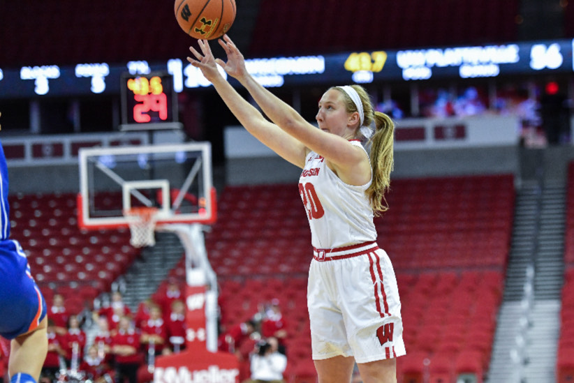 Elizabeth Miller shoots a three while playing in a game for the University of Wisconsin-Madison. Photo courtesy of Miller.