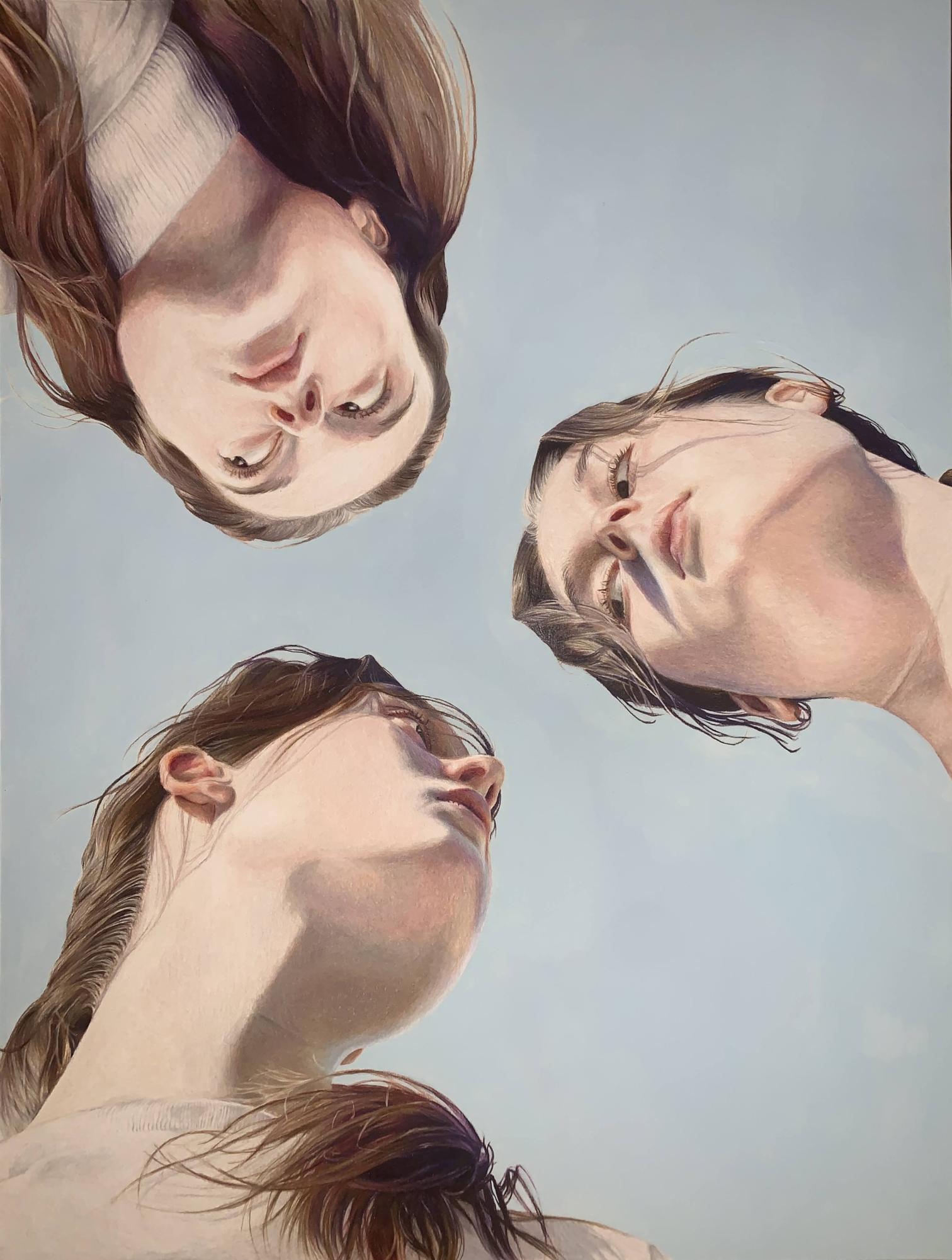 “Introspection” by Reddy is about prioritizing working on yourself. 

“I depicted a group huddle scene between three self portraits to represent this,” Reddy said.

The piece “introspection” is a colored pencil drawing with an acrylic paint background. Reddy used the same shade of blue for the background of many of her pieces because the serene color contrasts with the dramatic themes of the imagery. 

“I am really happy with how the soft colors came together for this piece,” Reddy said.

Caption by Mira Patel.