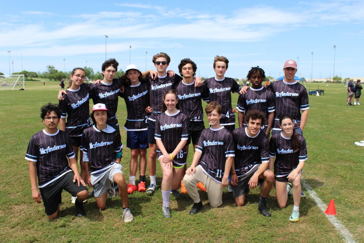 The McAnderson ultimate Frisbee team between games on April 13. The team faced competition against Austin High A, to whom they lost 11-3 and Austin High C whom they beat 11-4.