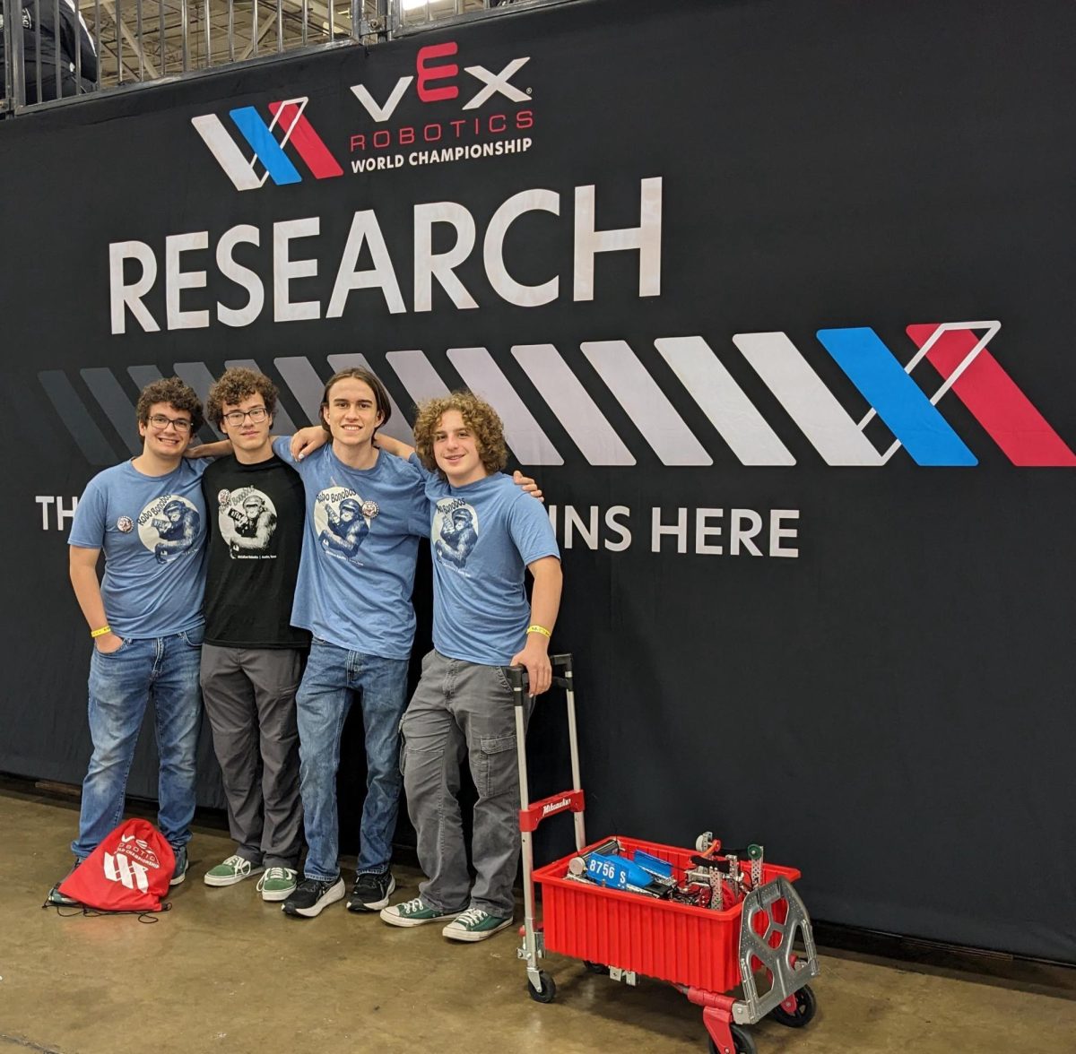 Seniors Zane Wiggins,Felix Murdock, Henry Holmes and Jesse Silverman at the VEX Robotics World Championships taking place this weekend at the Kay Bailey Hutchison Convention Center in Dallas. The team finished the qualification round at 5-5.
