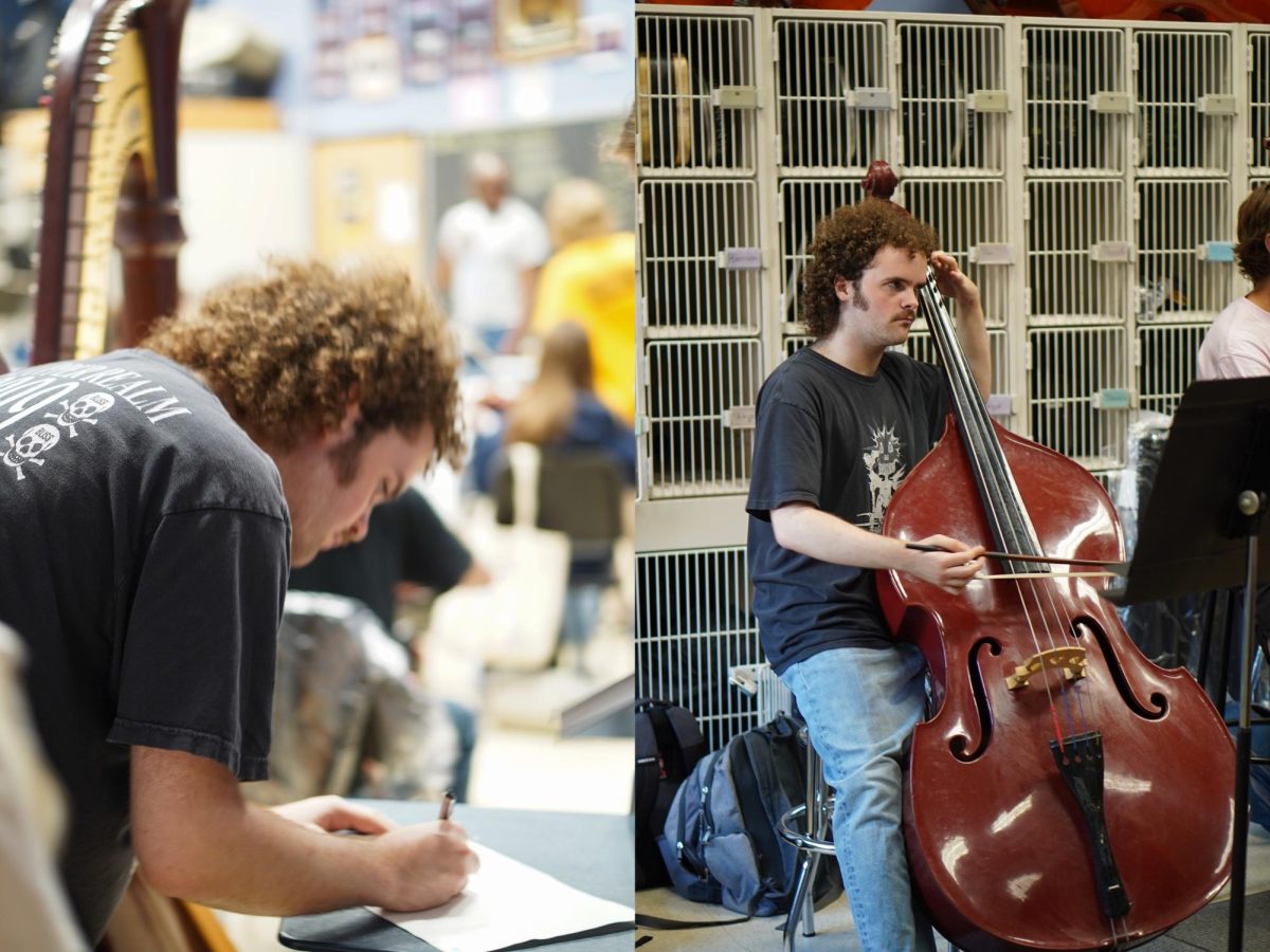 Then junior Lucas Hendrix picked up his yearbook from fellow junior Meredith Grotevant on May 18, 2023, but it wasnt long before the yearbook was stashed and he was back at his post playing the double bass.