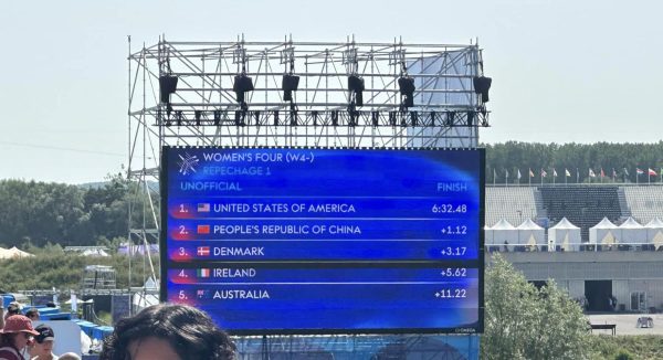 The scoreboard at at the Vaires-sur-Marne Nautical Stadium, the site for the rowing events of the Paris 2024 Olympic Games, displays the final times of the women's four repechage heat that propeled the United States and China into Thursday's event final. By chasing down and passing China at the finish, the U.S. team gained confidence that it has another level to reach as it competes for a medal in its final race at the Olympic games.